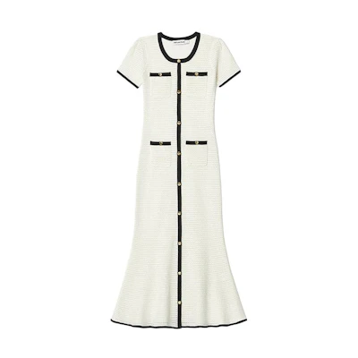 (Women) Self-Portrait White and Black Elegant Short Sleeve Polo Collar Dress. SWF352M06200