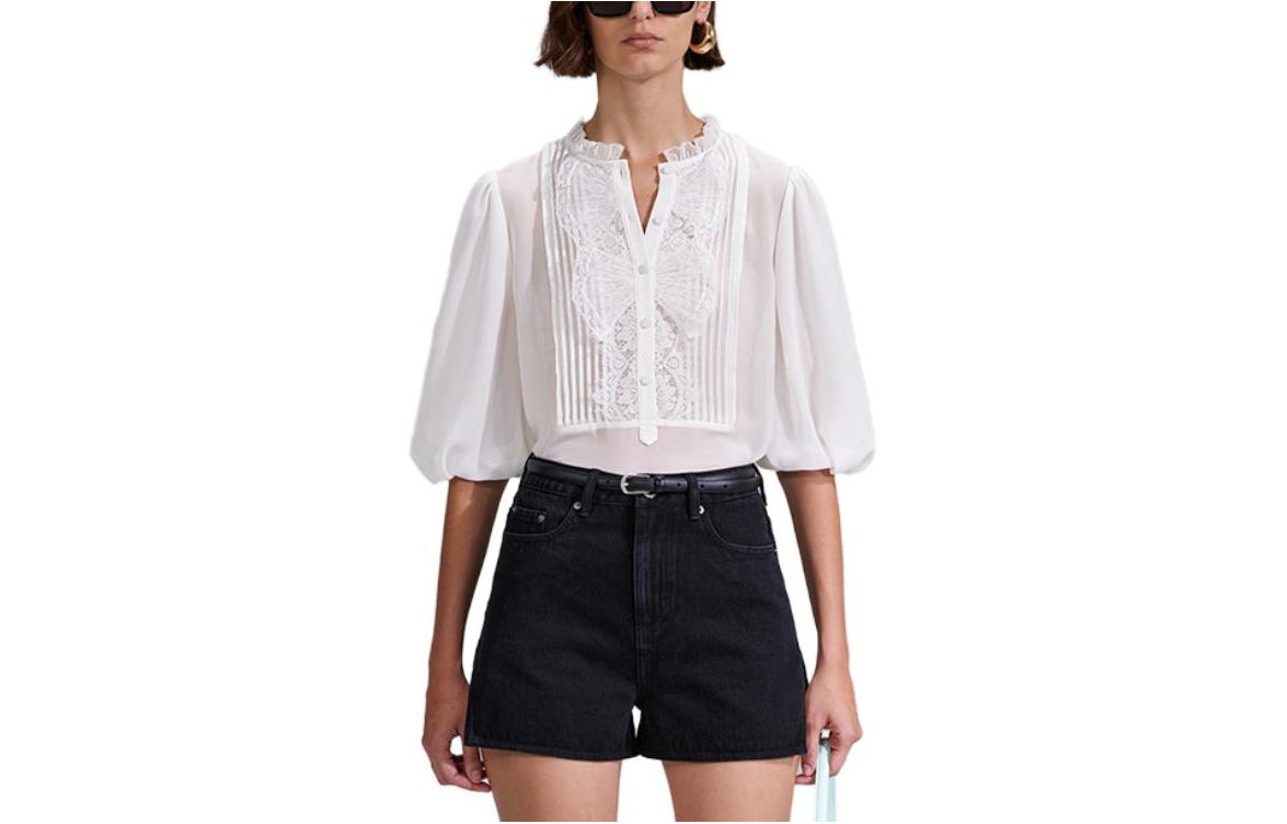 (Women) Self-Portrait  White Chiffon Lace Half-Sleeve Shirt. SWF342C02500