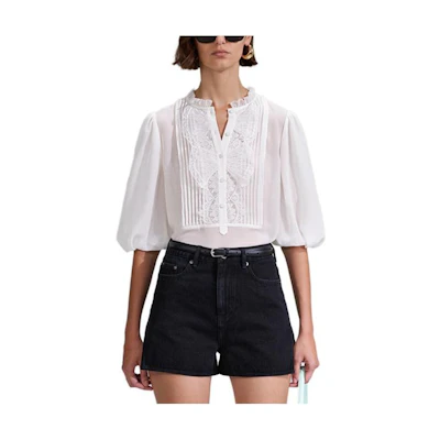 (Women) Self-Portrait White Chiffon Lace Half-Sleeve Shirt. SWF342C02500