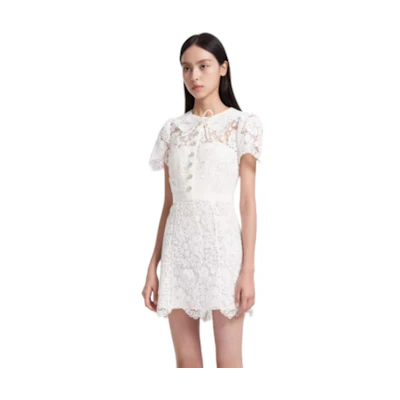 (Women) Self-Portrait White Crewneck Short Sleeve Comfortable Dress SWF343Y09200