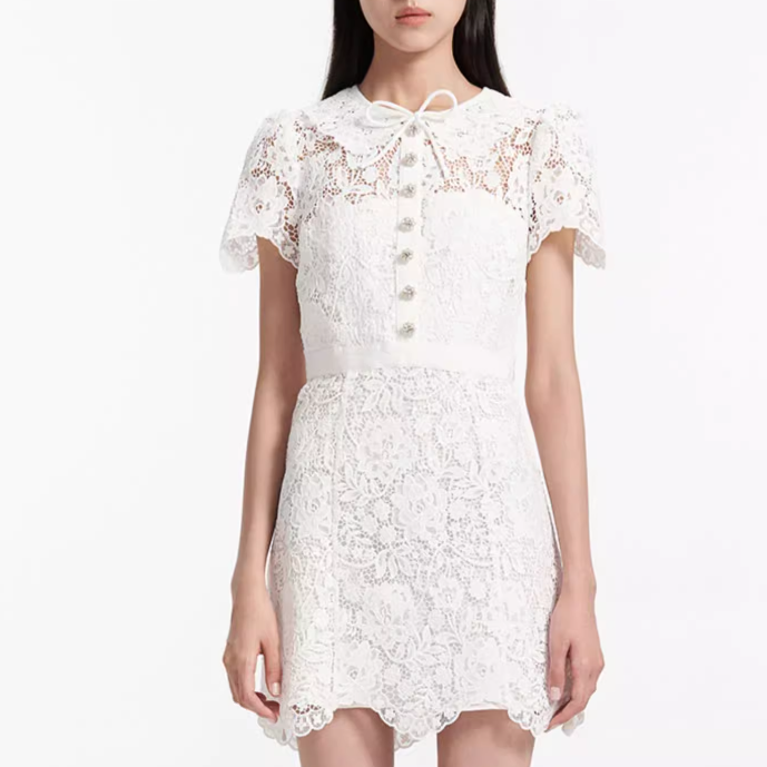 (Women) Self-Portrait  White Crewneck Short Sleeve Comfortable Dress SWF343Y09200 圖 4