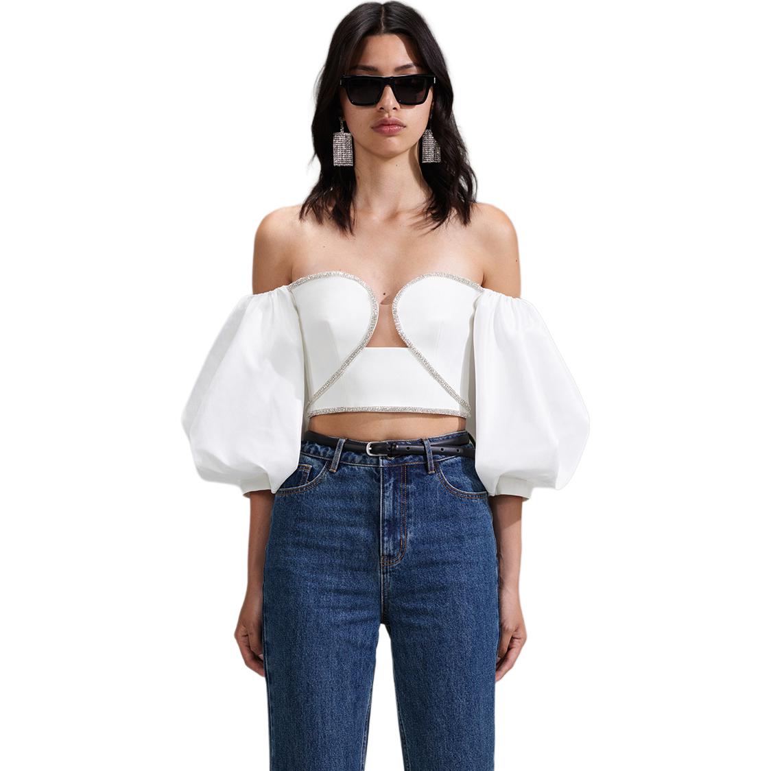 (Women) Self-Portrait  White Heart Detail Slim-Fit Fashionable Crop Top SWF341C00300