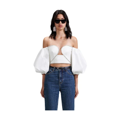 (Women) Self-Portrait White Heart Detail Slim-Fit Fashionable Crop Top SWF341C00300