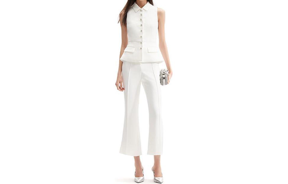 (Women) Self-Portrait  White High-Waist Flared Jumpsuit with Collar. SWF352K02000