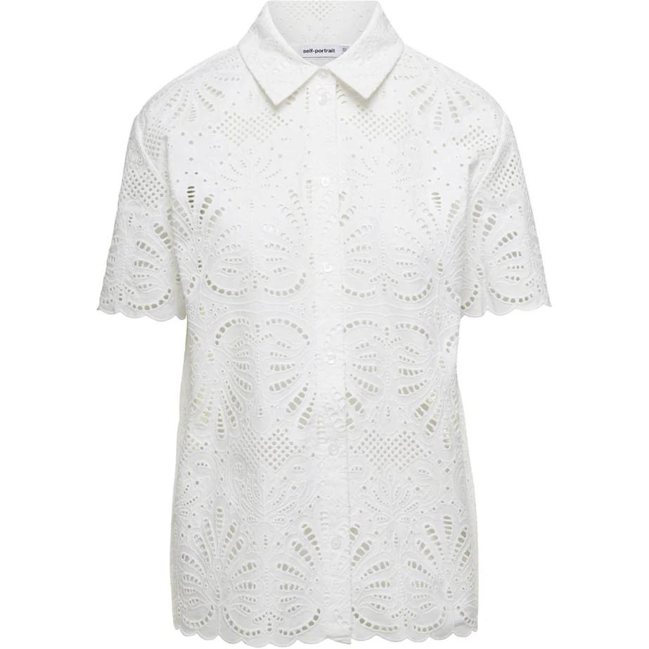 (Women) Self-Portrait  White Lace Collared Short-Sleeve Button-Up Shirt SS24141TAWWHITE