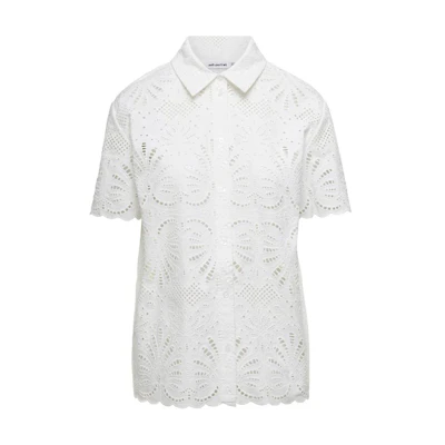 (Women) Self-Portrait White Lace Collared Short-Sleeve Button-Up Shirt SS24141TAWWHITE