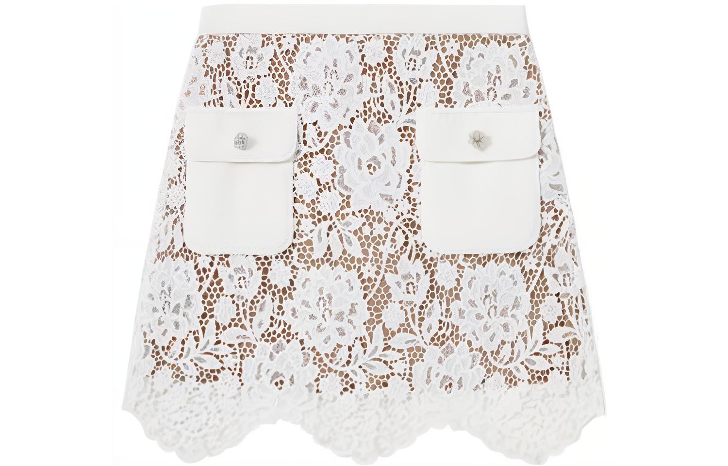 (Women) Self-Portrait  White Lace Floral Pleated Mini Skirt A-Line Casual Trendy. SWF343Q00100
