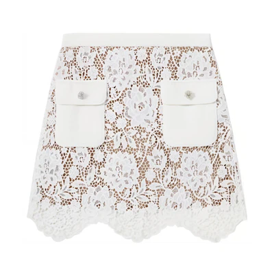 (Women) Self-Portrait White Lace Floral Pleated Mini Skirt A-Line Casual Trendy. SWF343Q00100
