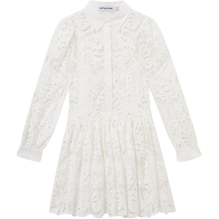 (Women) Self-Portrait  White Lace Long Sleeve Mini Dress with Collar. SWF353Y03200