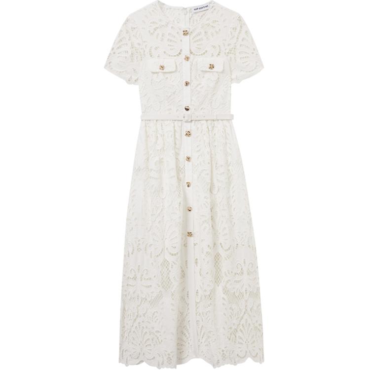 (Women) Self-Portrait  White Lace Midi Dress with Round Neck and Short Sleeves SWF353Y03000
