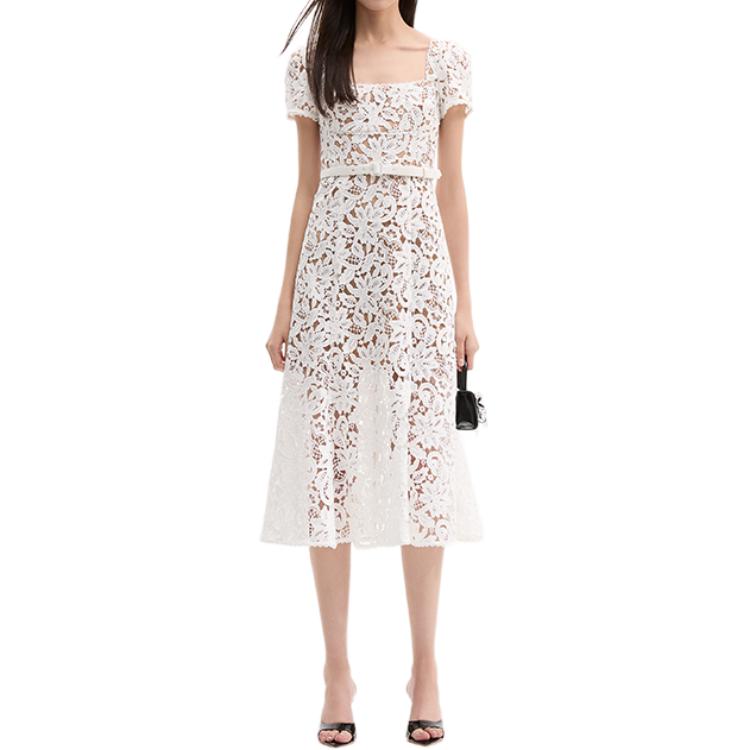 (Women) Self-Portrait  White Lace Midi Dress with Square Neck and Short Sleeves SWF353Y08400 圖 2