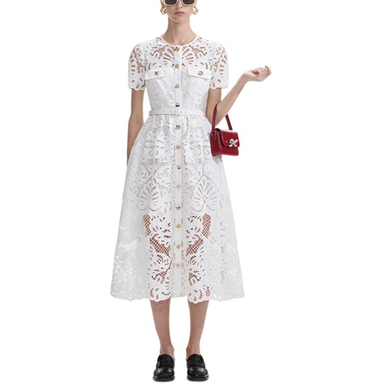 (Women) Self-Portrait  White Lace Midi Dress with Round Neck and Short Sleeves SWF353Y03000 圖 3