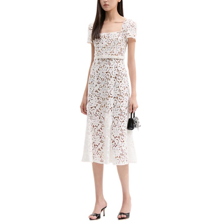 (Women) Self-Portrait  White Lace Midi Dress with Square Neck and Short Sleeves SWF353Y08400 圖 3