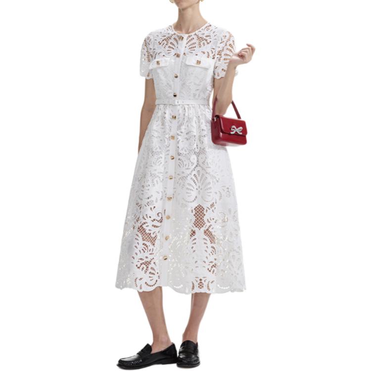 (Women) Self-Portrait  White Lace Midi Dress with Round Neck and Short Sleeves SWF353Y03000 圖 5