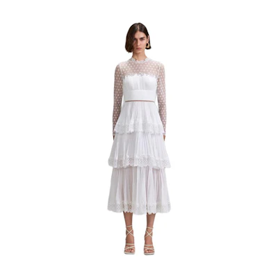(Women) Self-Portrait White Lace Panel Long Sleeve Dress SWF342Y13500