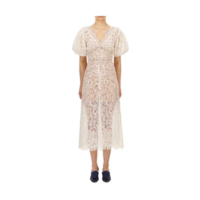 (Women) Self-Portrait White Lace Short Sleeve Midi Dress SWF204Y09700