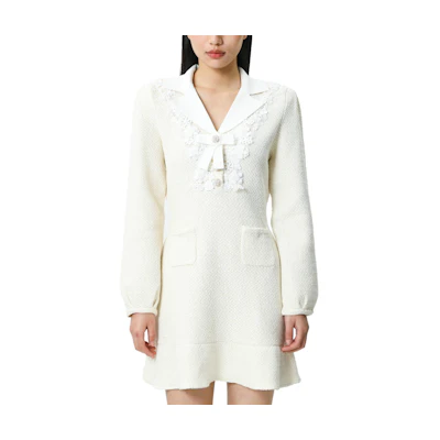 (Women) Self-Portrait White Long Sleeve Dress with Solid Lapel & Multi-Pockets RS24-130S-C