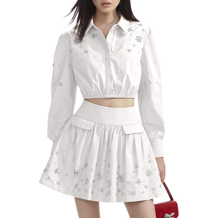 (Women) Self-Portrait  White Puff Sleeve Shirt with Crystal Collar Details. SWF353C01100