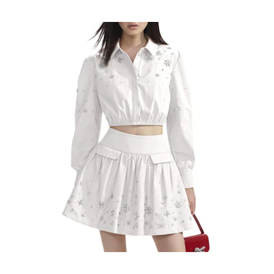 (Women) Self-Portrait White Puff Sleeve Shirt with Crystal Collar Details. SWF353C01100