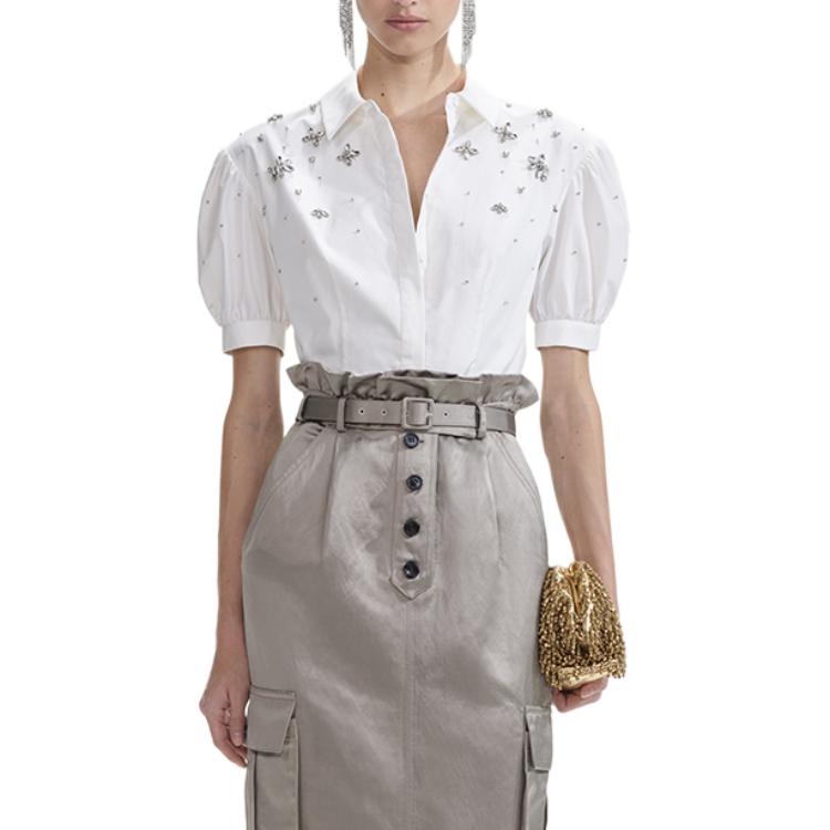 (Women) Self-Portrait  White Puff Sleeve Shirt with Rhinestone Details and Collar. SWF353C00400