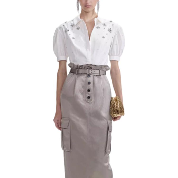 Purchase (W) Self-Portrait 白色泡泡袖襯衫鑲嵌水晶細節及領口裝飾。 SWF353C00400