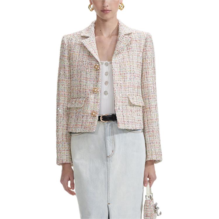 (Women) Self-Portrait  White Tweed Long Sleeve Blazer with Button Closure. SWF353T00400