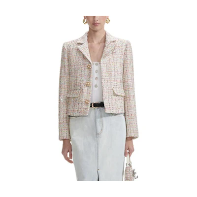 (Women) Self-Portrait White Tweed Long Sleeve Blazer with Button Closure. SWF353T00400