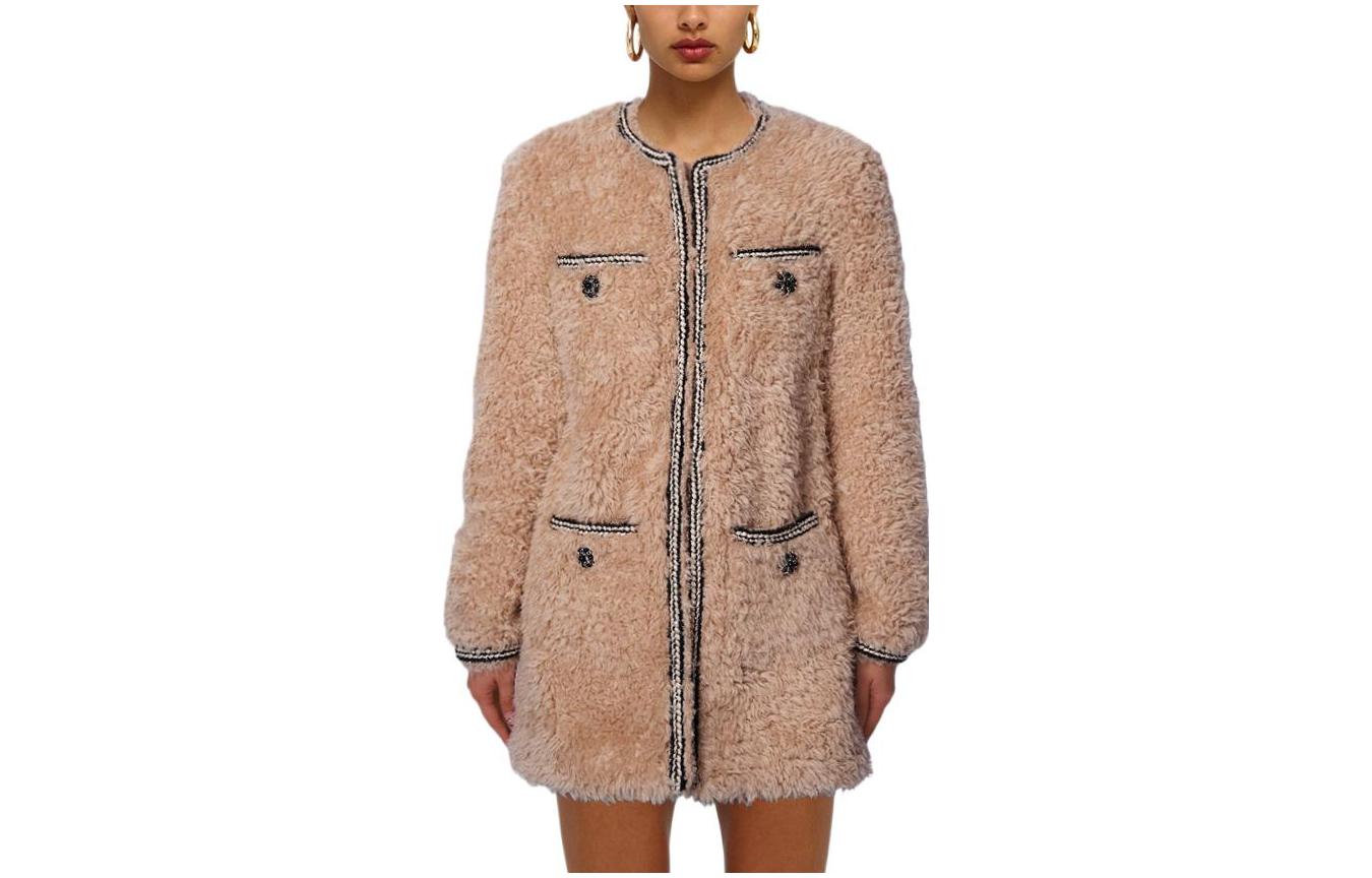 (Women) Self-Portrait  Wool Shearling Coat with Piped Pockets Light Brown SWF331D00200