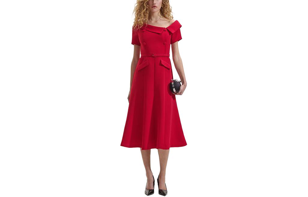 (Women) Self-Portrait Asymmetric Off-Shoulder Midi Dress in French Red for Women SWF352Y24300