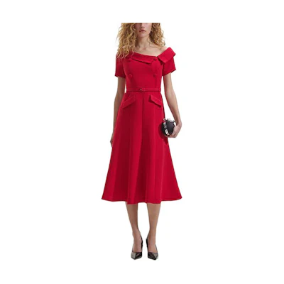 (Women) Self-Portrait Asymmetric Off-Shoulder Midi Dress in French Red for Women SWF352Y24300