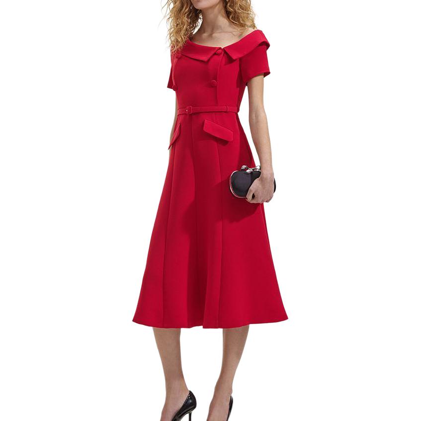 (Women) Self-Portrait Asymmetric Off-Shoulder Midi Dress in French Red for Women SWF352Y24300 圖 3