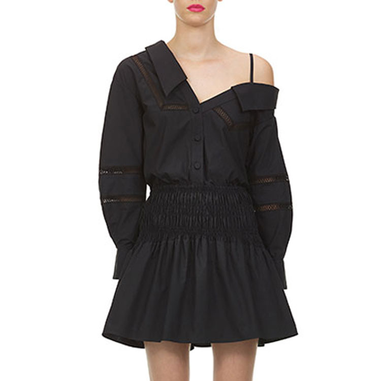 (Women) Self-Portrait Asymmetric Off-Shoulder Polo Strap Pleated A-Line Dress - Black SWF202Y12100