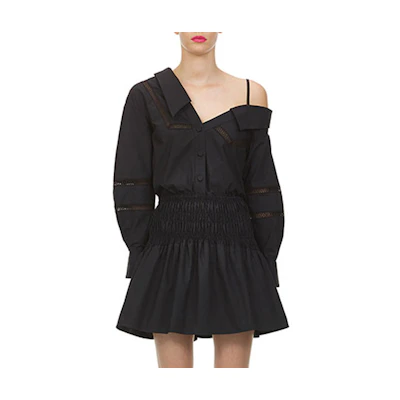 (Women) Self-Portrait Asymmetric Off-Shoulder Polo Strap Pleated A-Line Dress - Black SWF202Y12100