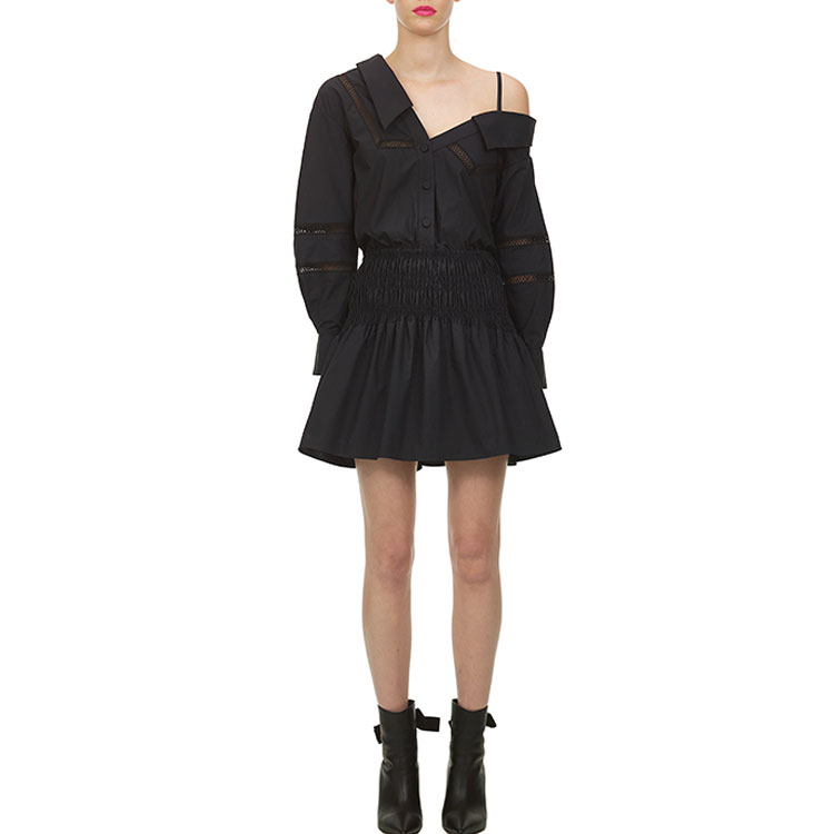 (Women) Self-Portrait Asymmetric Off-Shoulder Polo Strap Pleated A-Line Dress - Black SWF202Y12100 圖 4