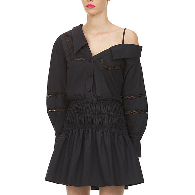 (Women) Self-Portrait Asymmetric Off-Shoulder Polo Strap Pleated A-Line Dress - Black SWF202Y12100 圖 5