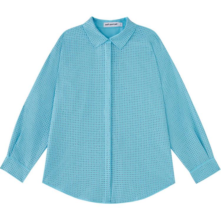 (Women) Self-Portrait Beaded Draped versatile Collared Long-Sleeve Shirt Sky Blue Women SWF341C01700