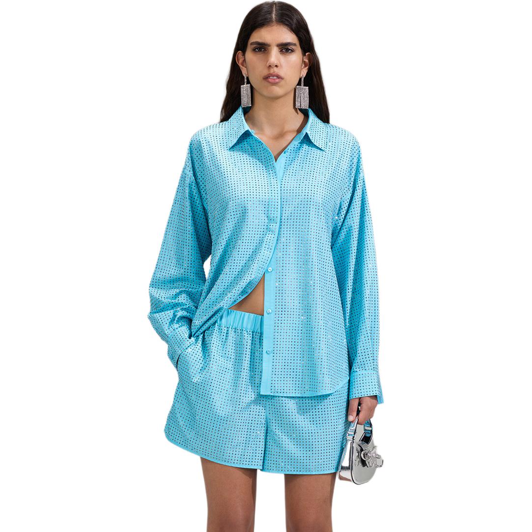 Lookbook (W) Self-Portrait 天藍色珠飾多用垂墜立領長袖襯衫 女款 SWF341C01700