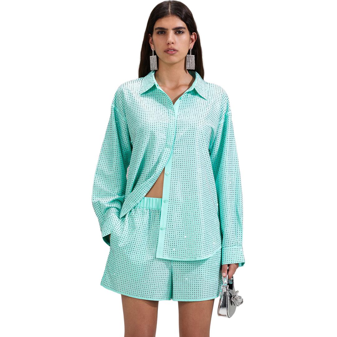 Lookbook (W) Self-Portrait Kardigan Longgar Lengan Panjang Wanita Hijau Pudina Berkilau. SWF341C01800