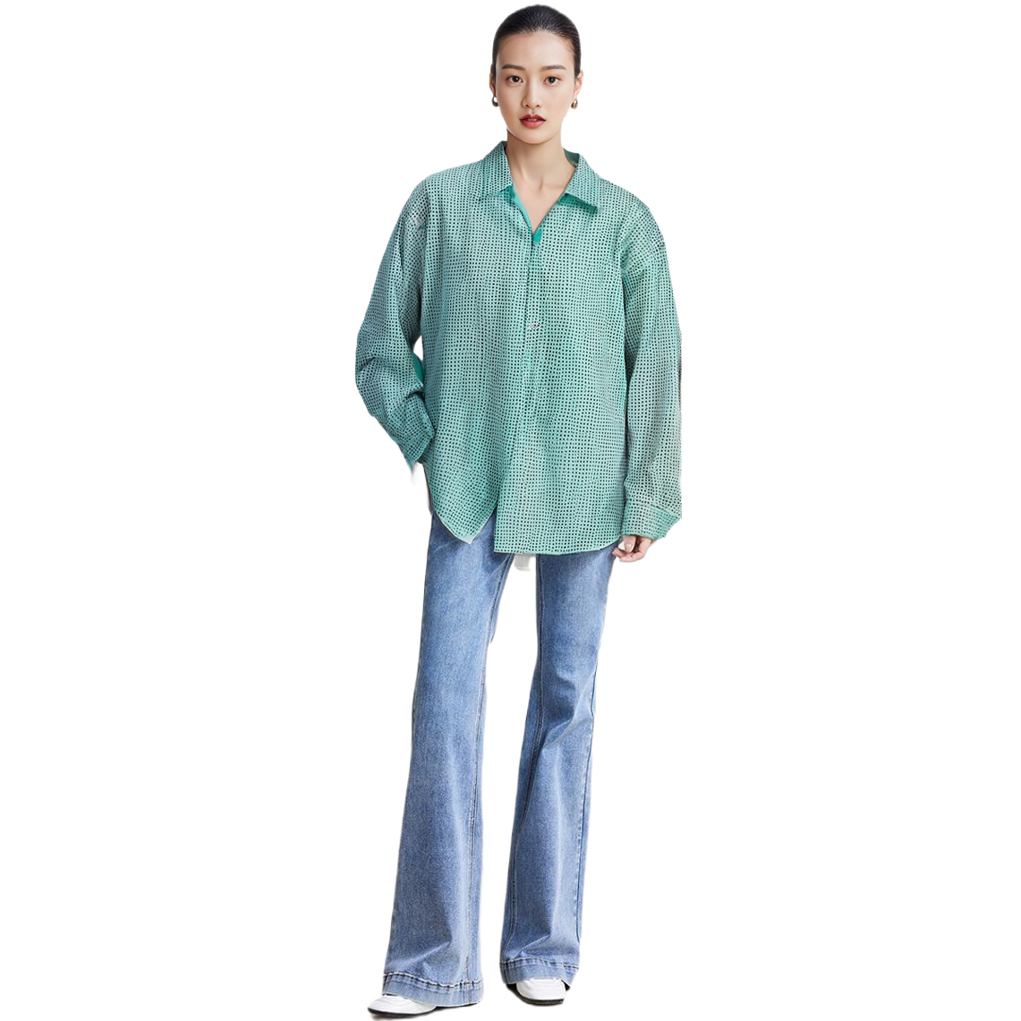 Sizing (W) Self-Portrait Kardigan Longgar Lengan Panjang Wanita Hijau Pudina Berkilau. SWF341C01800