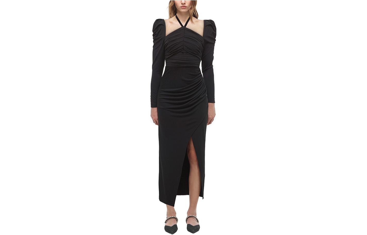 (Women) Self-Portrait Black Halterneck Ruched Waist Slit Long Sleeve Maxi Dress for Women SWF324Y15300