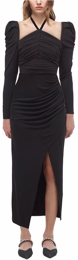 women-self-portrait-black-halterneck-ruched-waist-slit-long-sleeve-maxi-dress-for-women-swf-324-y15300