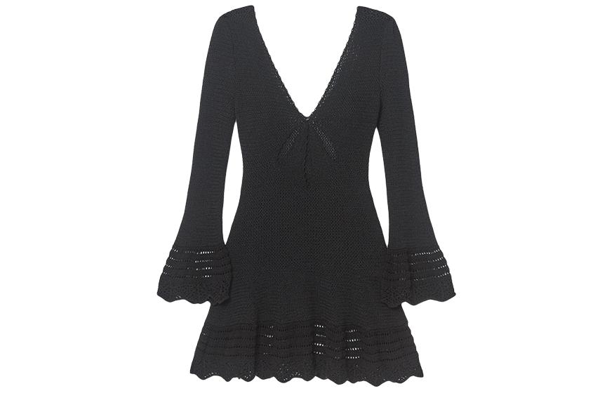 (Women) Self-Portrait Black Knitted V-Neck Bow Bell-Sleeve Long-Sleeve Dress Women SWF352M07000