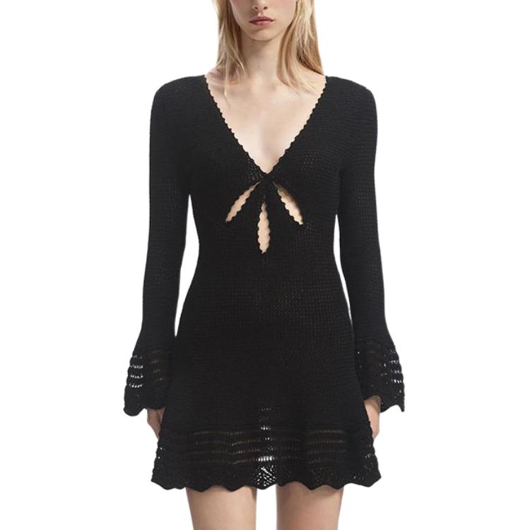 (Women) Self-Portrait Black Knitted V-Neck Bow Bell-Sleeve Long-Sleeve Dress Women SWF352M07000 圖 3