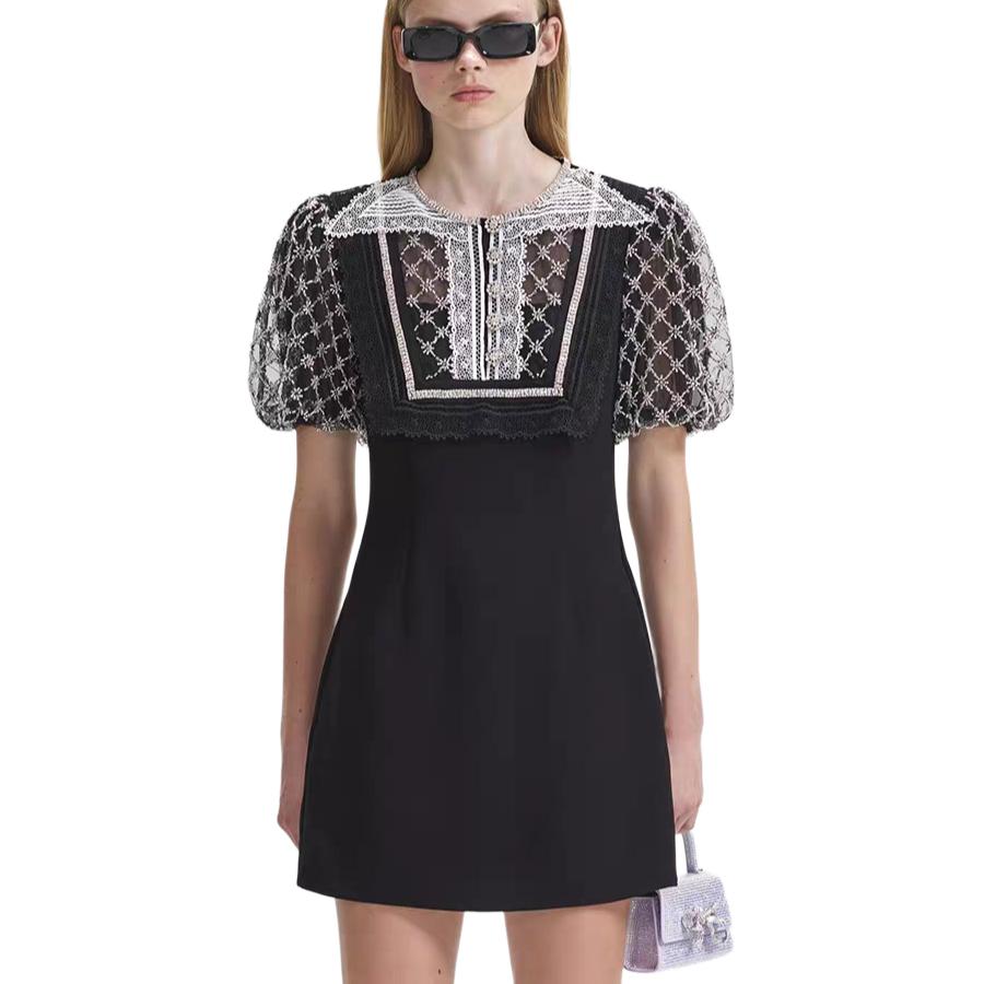 (Women) Self-Portrait Black Lace Sequin Puff Sleeve Short Elegant Party Dress for Women SWF344Y15200911
