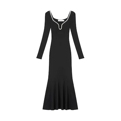 (Women) Self-Portrait Black U-Neck Long-Sleeve Mermaid Knit Dress with Iris Detailing. SWF351M01900