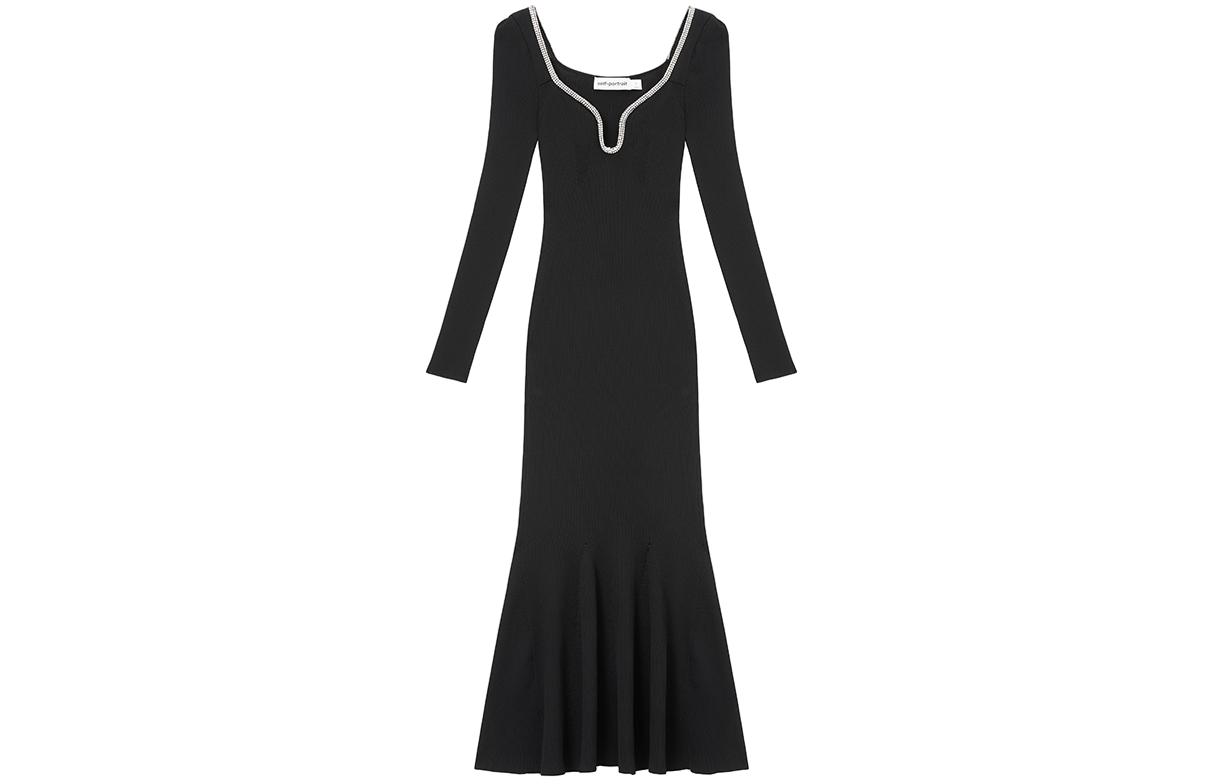 (Women) Self-Portrait Black U-Neck Long-Sleeve Mermaid Knit Dress with Iris Detailing. SWF351M01900 圖 2