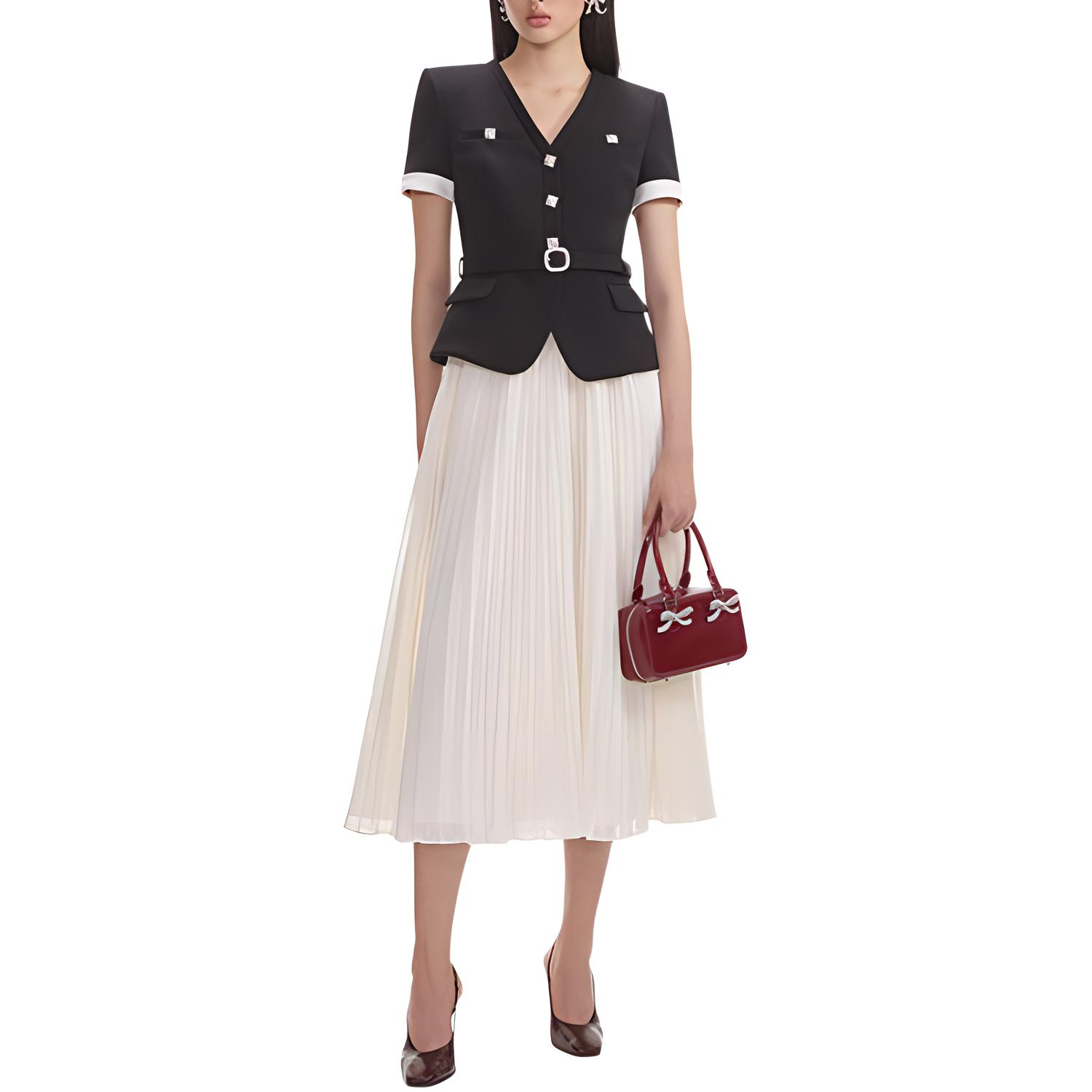 (Women) Self-Portrait Black White V-Neck Midi Dress for Women. SWF354Y11600