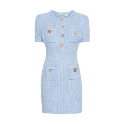 (Women) Self-Portrait Blue Button-Up Midi Short Sleeve Dress PF24041SABLBLUE