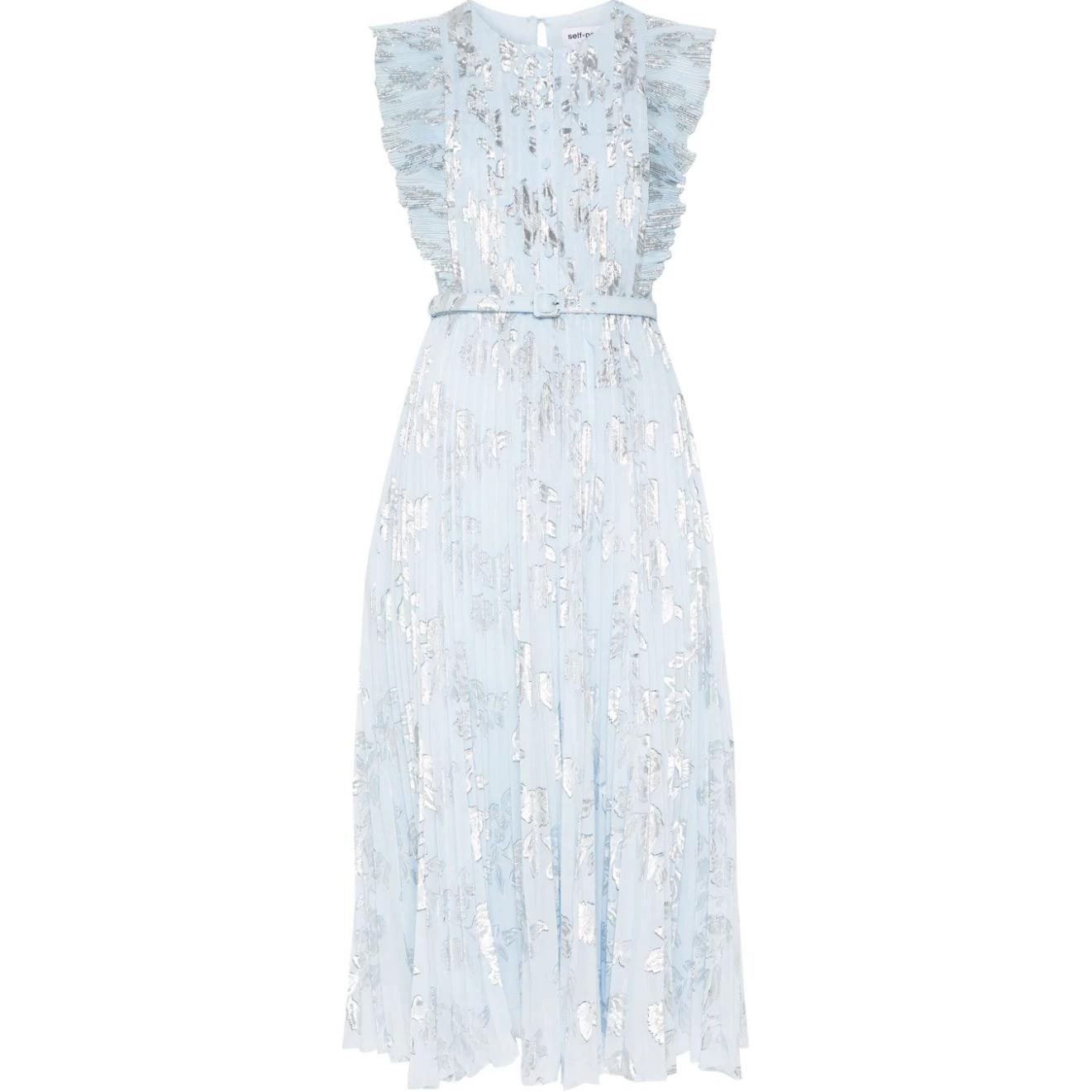 (Women) Self-Portrait Blue Floral Embroidered Sleeveless Midi Dress for Women SS24149MABL
