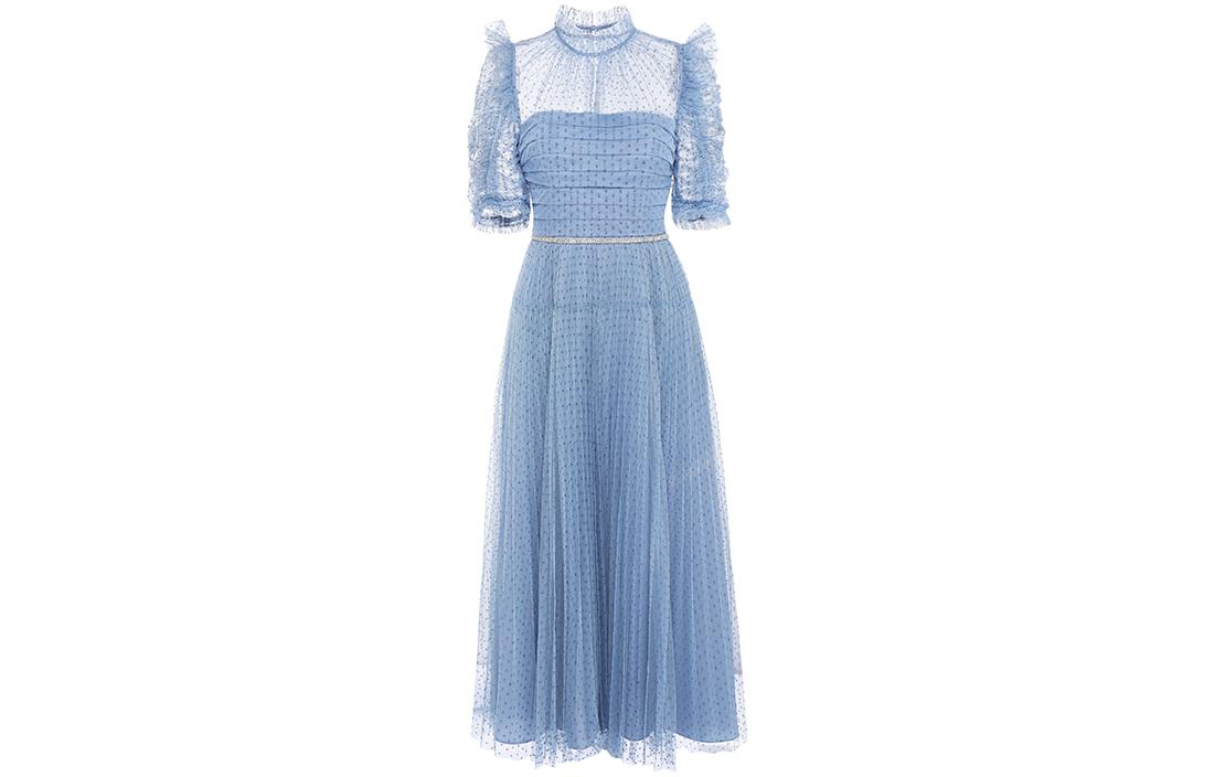 (Women) Self-Portrait Blue Polka Dot Pleated Mesh Long Dress - Elegant and Slimming Design SWF321Y01100